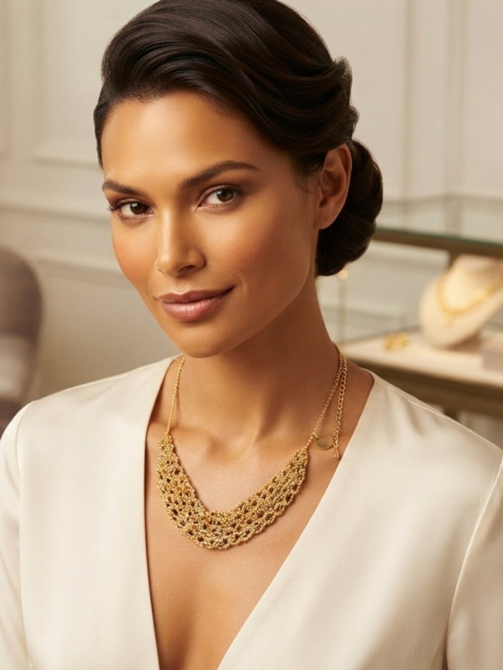 Ali Khan Gold Mesh Link Statement Necklace 15" + 3" Extender